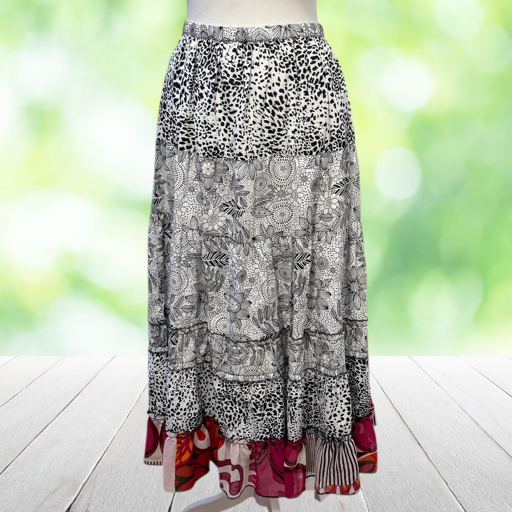 Vintage Y2K Maxi Skirt Boho Prairie Patchwork Tiered Ruffle Cottagecore Womens M